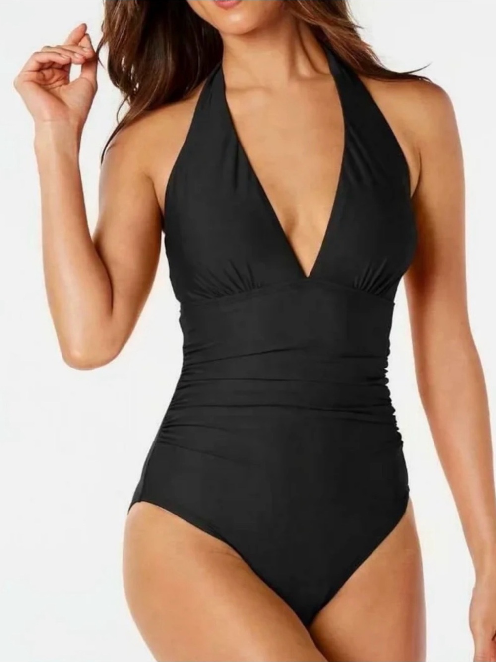 TOMMY HILFIGER ONE-PIECE SWIMSUIT HALTER RUCHED TUMMY CONTROL WOMEN BLACK SZ 16
